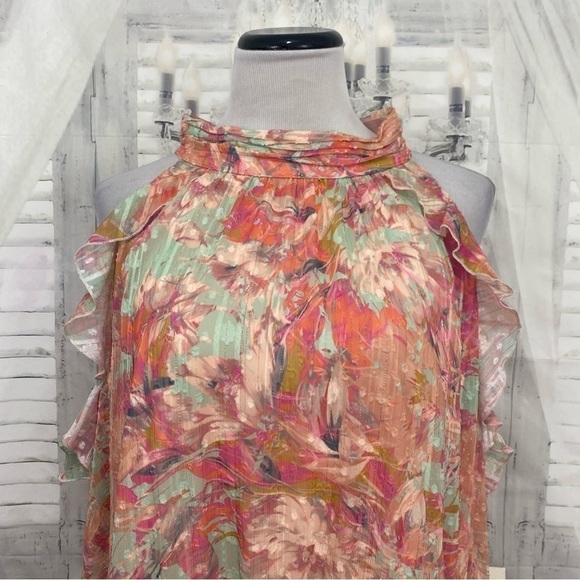 Alex Marie Plus Sz 24W Pink Teal Floral Halter Sleeveless Asymmetric Hem Easter - Picture 3 of 16